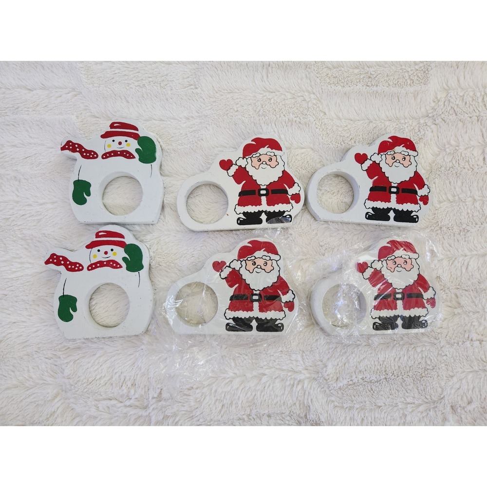 VINTAGE Christmas‎ 2 Snowman 4 Santa Wooden Napkin Rings Kids SET OF 6